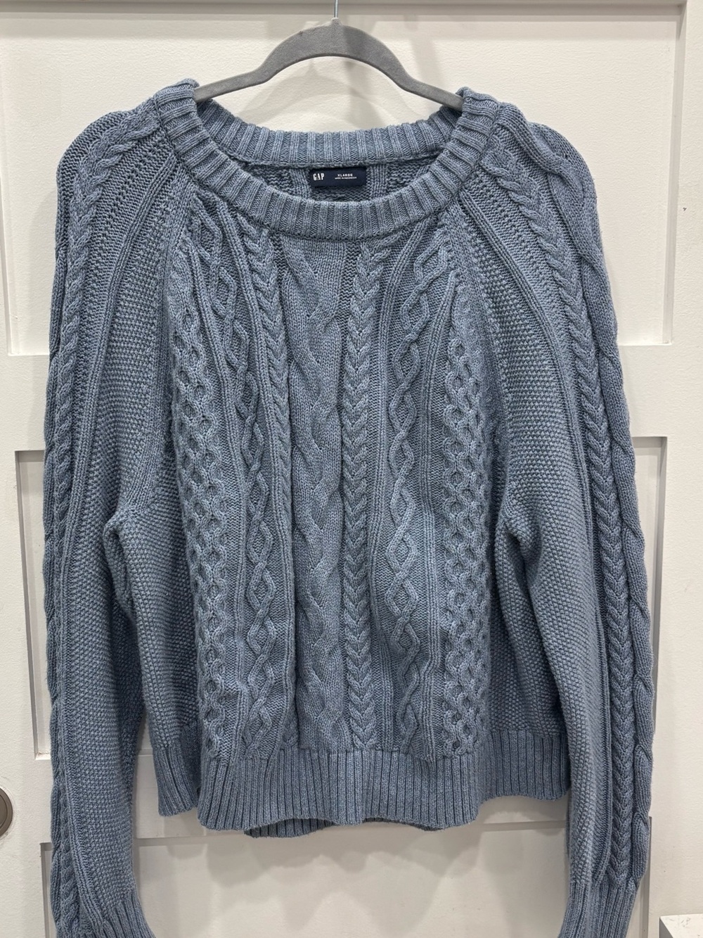 GAP Men's Cable Chunky Knit Cotton Crewneck Sweater - Dusty Blue